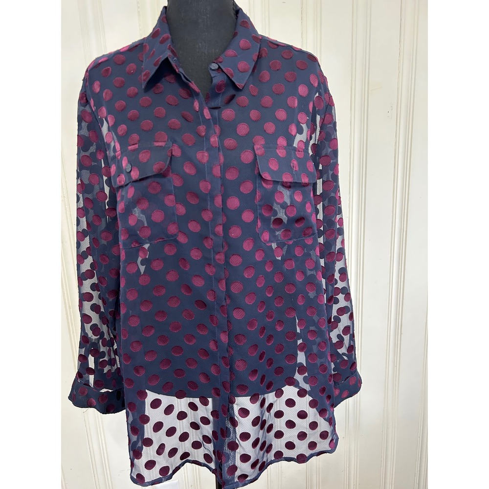 Chico's Sz 3 Petite (XL) Polka Dot Sheer Burnout Button Down Shirt Navy Pink